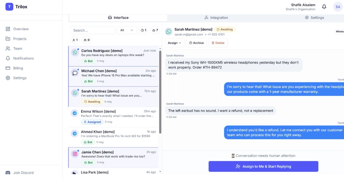 Human takeover inbox with conversation status labels