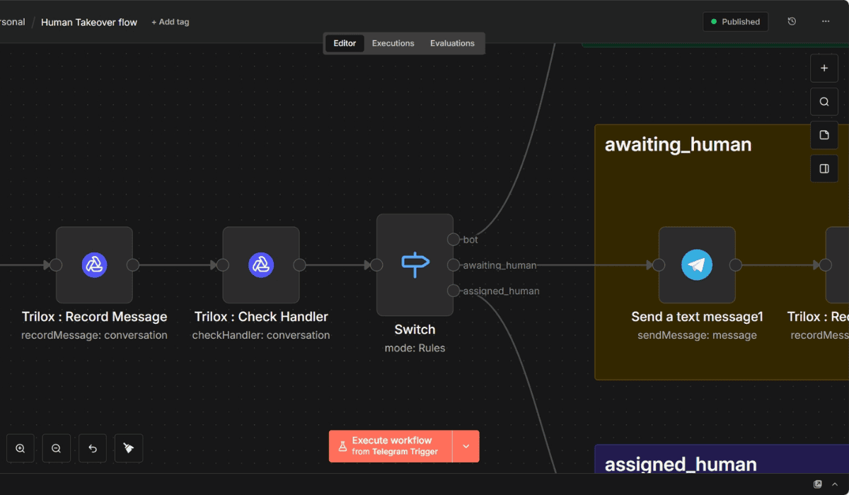 n8n workflow showing Record Message → Check Handler → Switch node