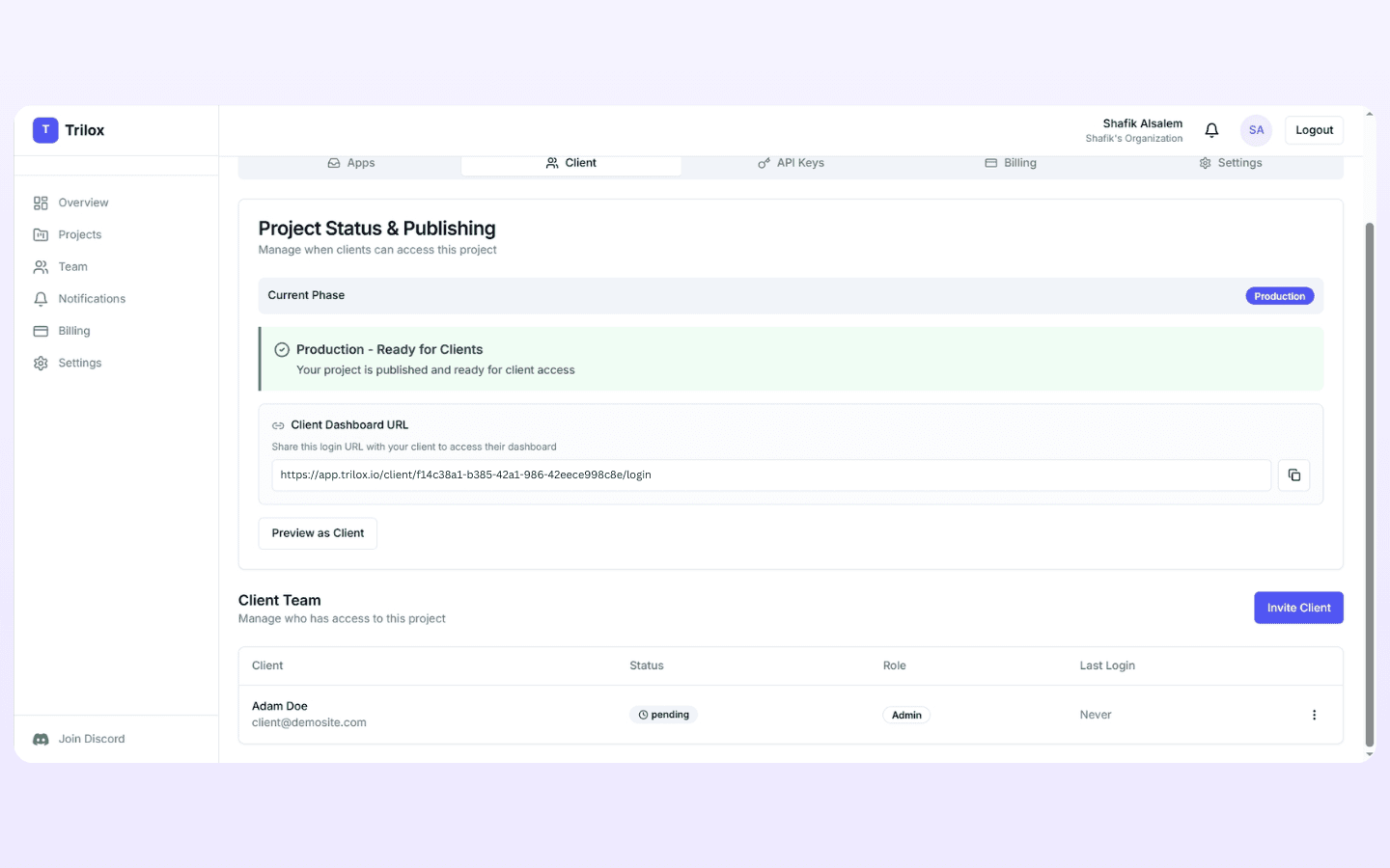 Share client login URL