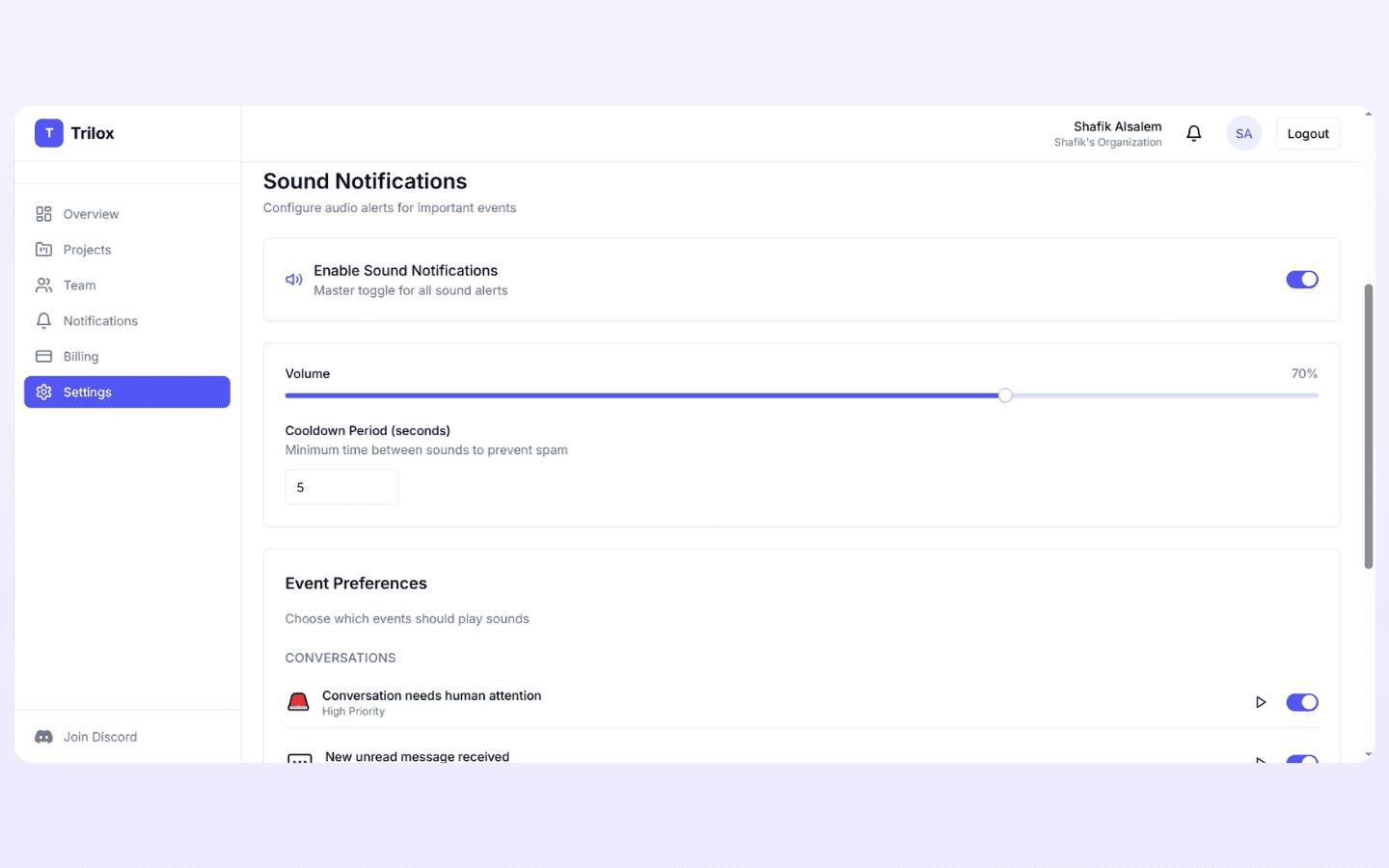 Sound notification configuration panel